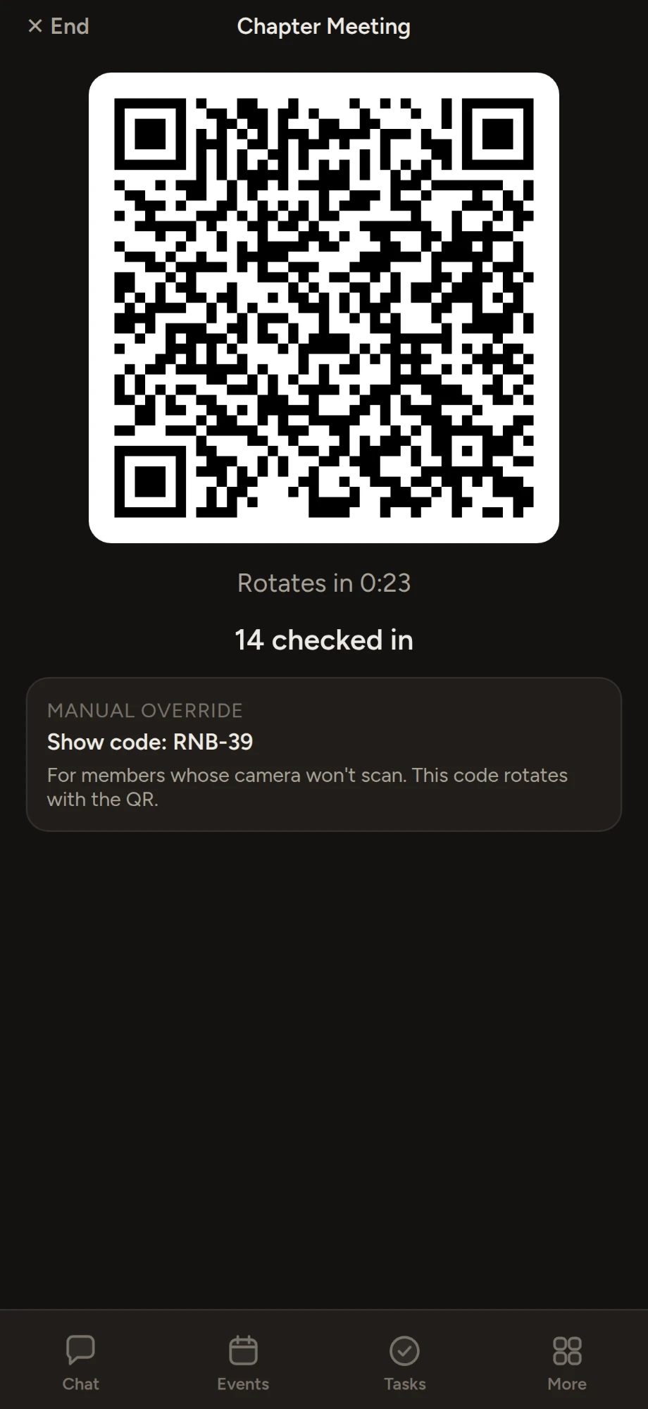 The host's attendance screen. The QR code rotates, and there's a short code for members whose camera won't scan.