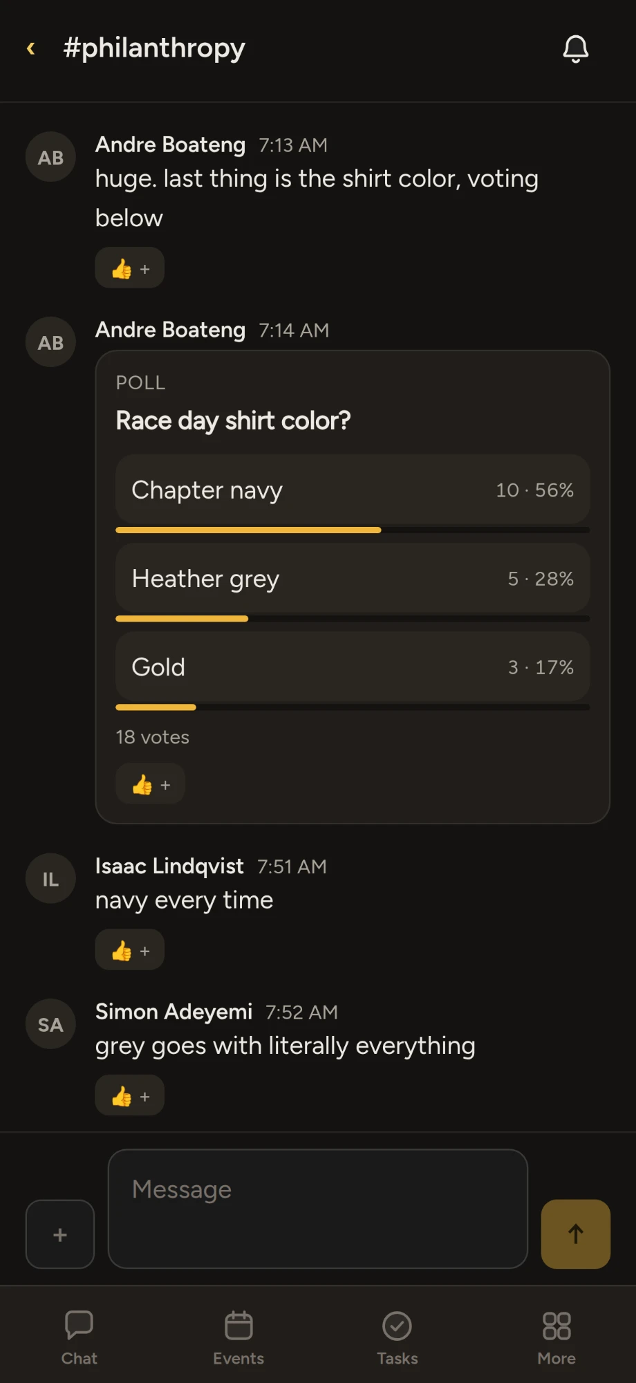 A poll in a channel. Brothers vote where the conversation already is.